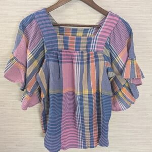 Beach Lunch Lounge Plaid Lightweight Cotton Plaid Summer Top Sz XS